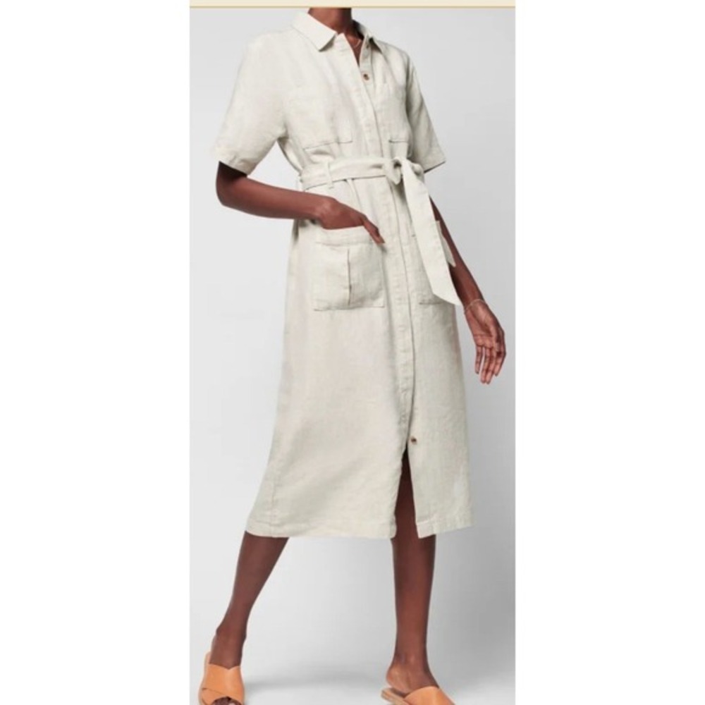 Faherty Linen Shirt Dress M Belted Midi Utility Button Front‎ Pockets neutral